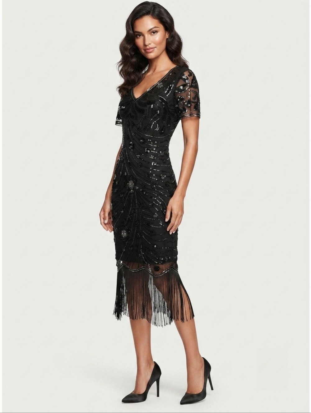 New Women's Black Beaded Fringe V-Neck Short Sleeves Cocktail Dress Large
